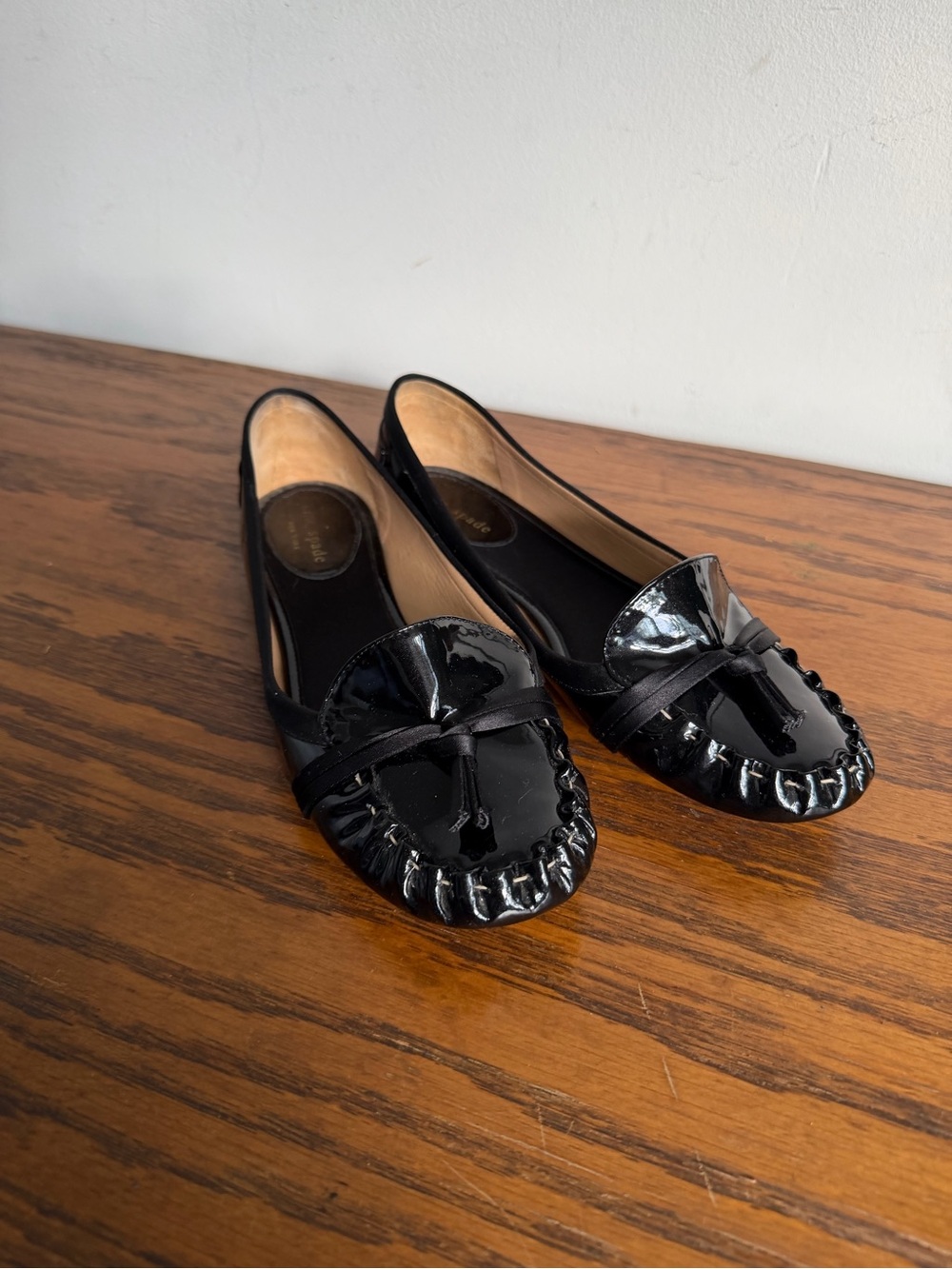 kate spade Black Patent Leather Bow Moccasin Flats